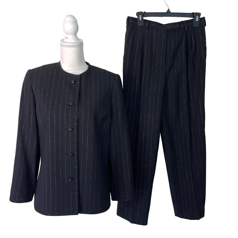 David Hayes Womens Wool Suit Black Size 8 Vintage Crepe Metallic Silver Thread